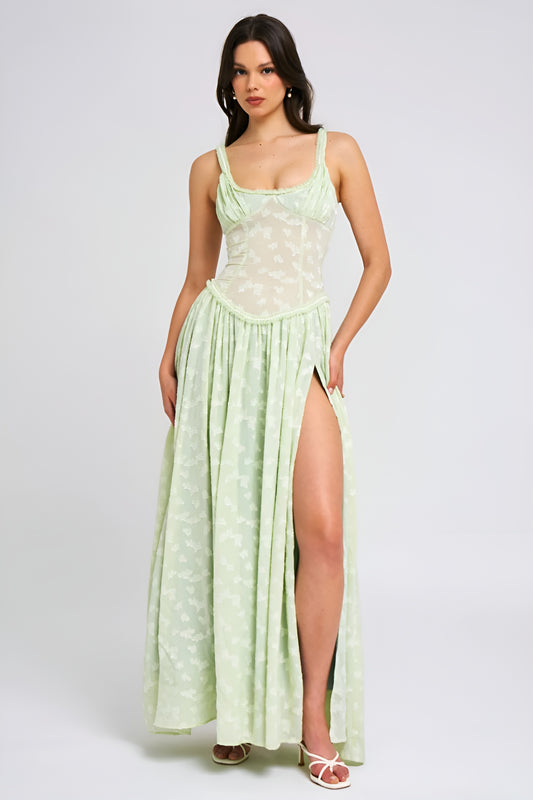 Fieno Pale Green Floral Print Maxi Dress