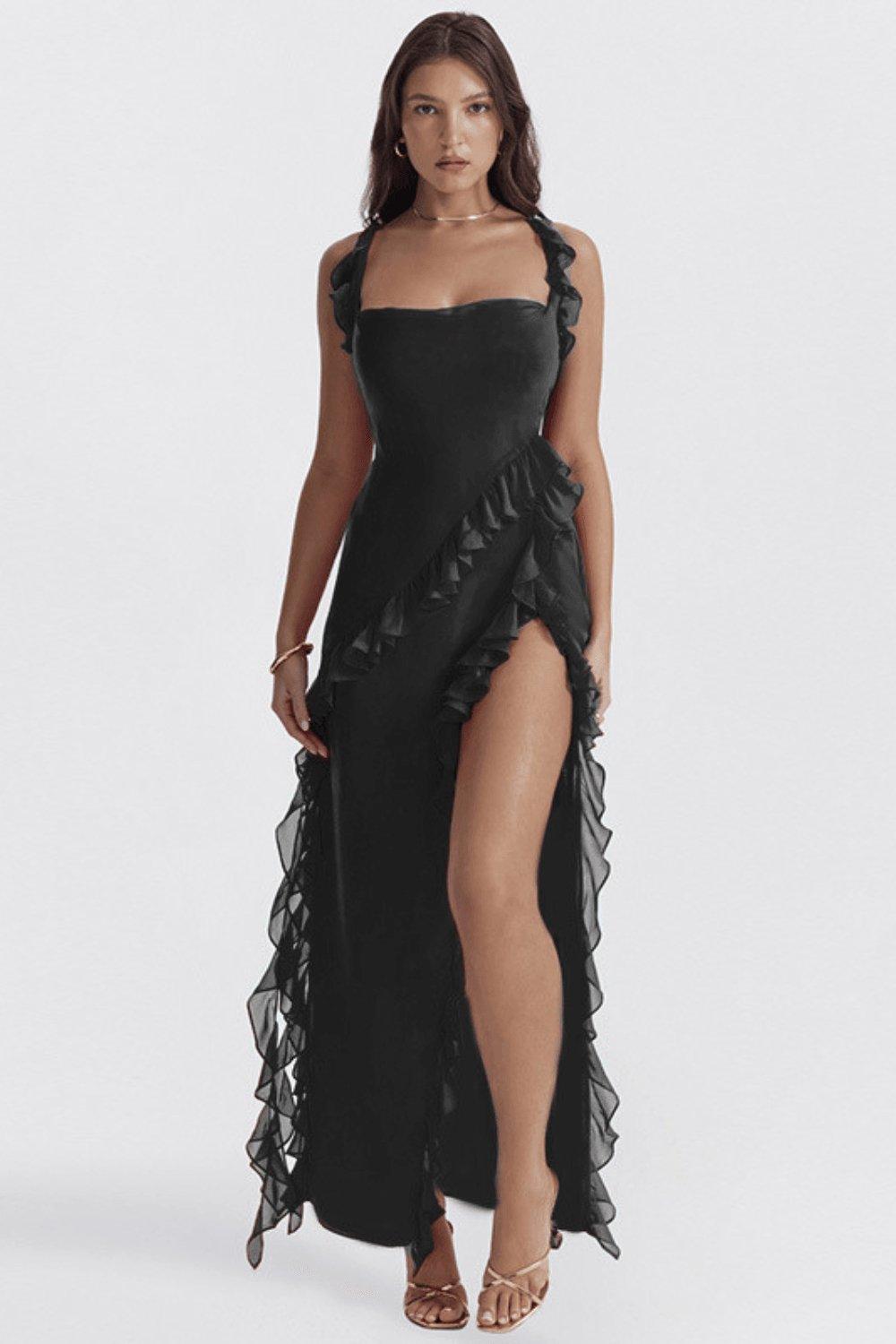 Black Ruffle Asymmetrical Maxi Dress with cascading ruffles and thigh-high slit, perfect for evening parties and sophisticated events—Maxi Dresses, Black Dresses by Fieno