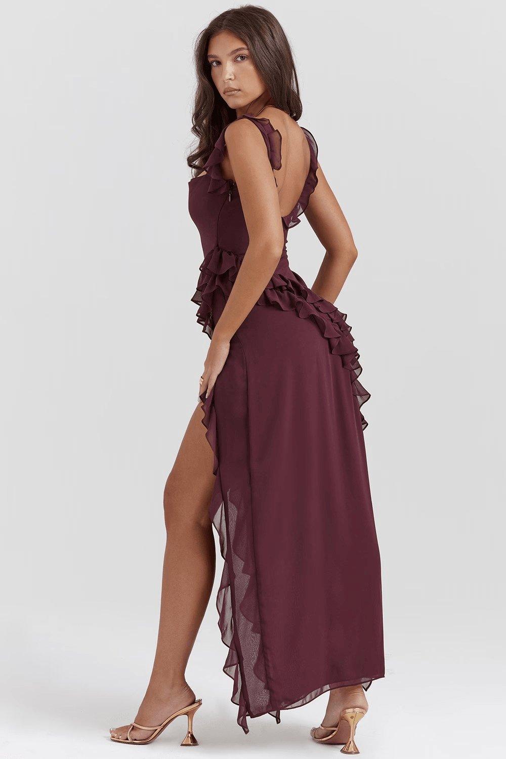 Burgundy Ruffle Asymmetrical Maxi Dress with cascading ruffles and thigh-high slit, perfect for formal events and romantic evenings—Maxi Dresses, Burgundy Dresses by Fieno