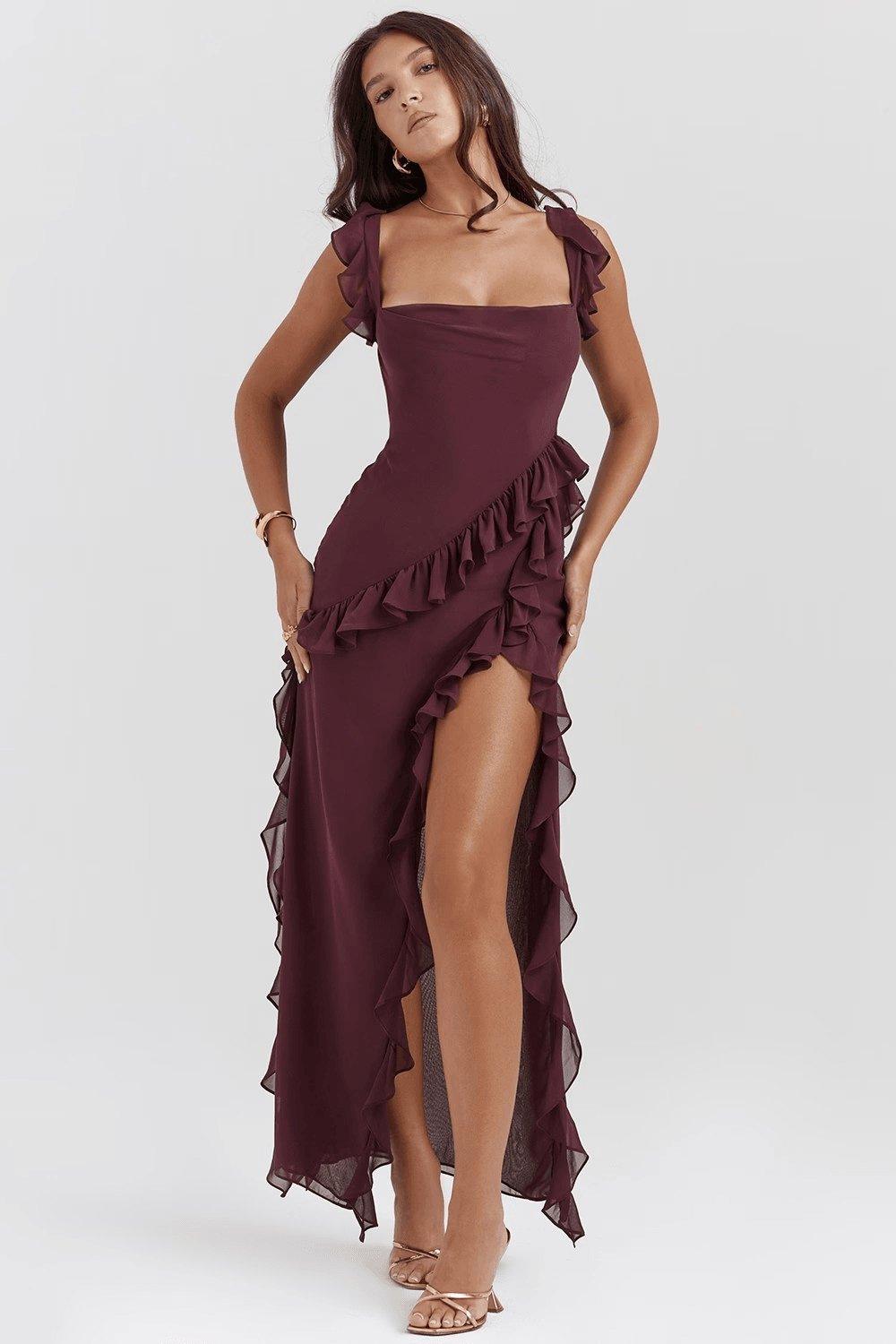 Burgundy Ruffle Asymmetrical Maxi Dress with cascading ruffles and thigh-high slit, perfect for formal events and romantic evenings—Maxi Dresses, Burgundy Dresses by Fieno