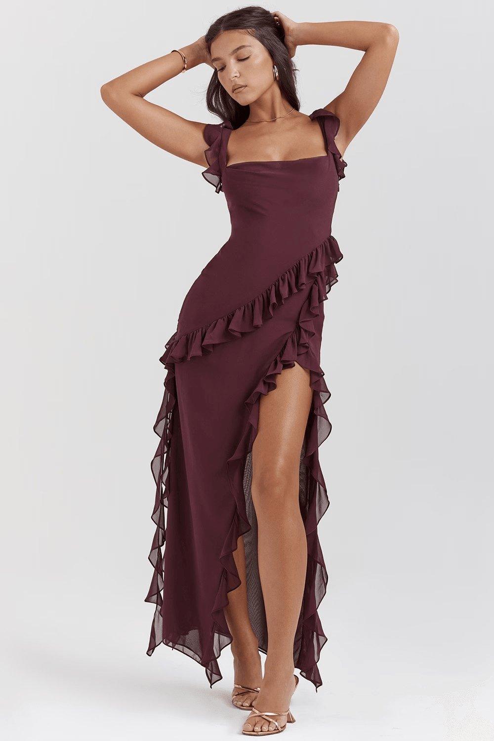 Burgundy Ruffle Asymmetrical Maxi Dress with cascading ruffles and thigh-high slit, perfect for formal events and romantic evenings—Maxi Dresses, Burgundy Dresses by Fieno