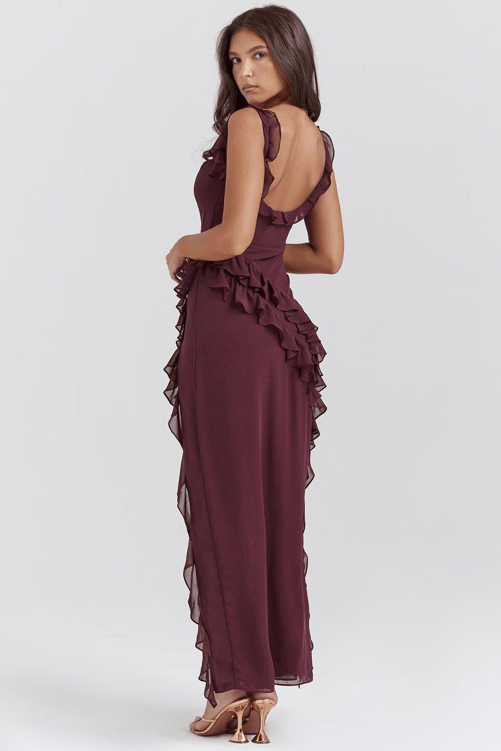 Burgundy Ruffle Asymmetrical Maxi Dress with cascading ruffles and thigh-high slit, perfect for formal events and romantic evenings—Maxi Dresses, Burgundy Dresses by Fieno