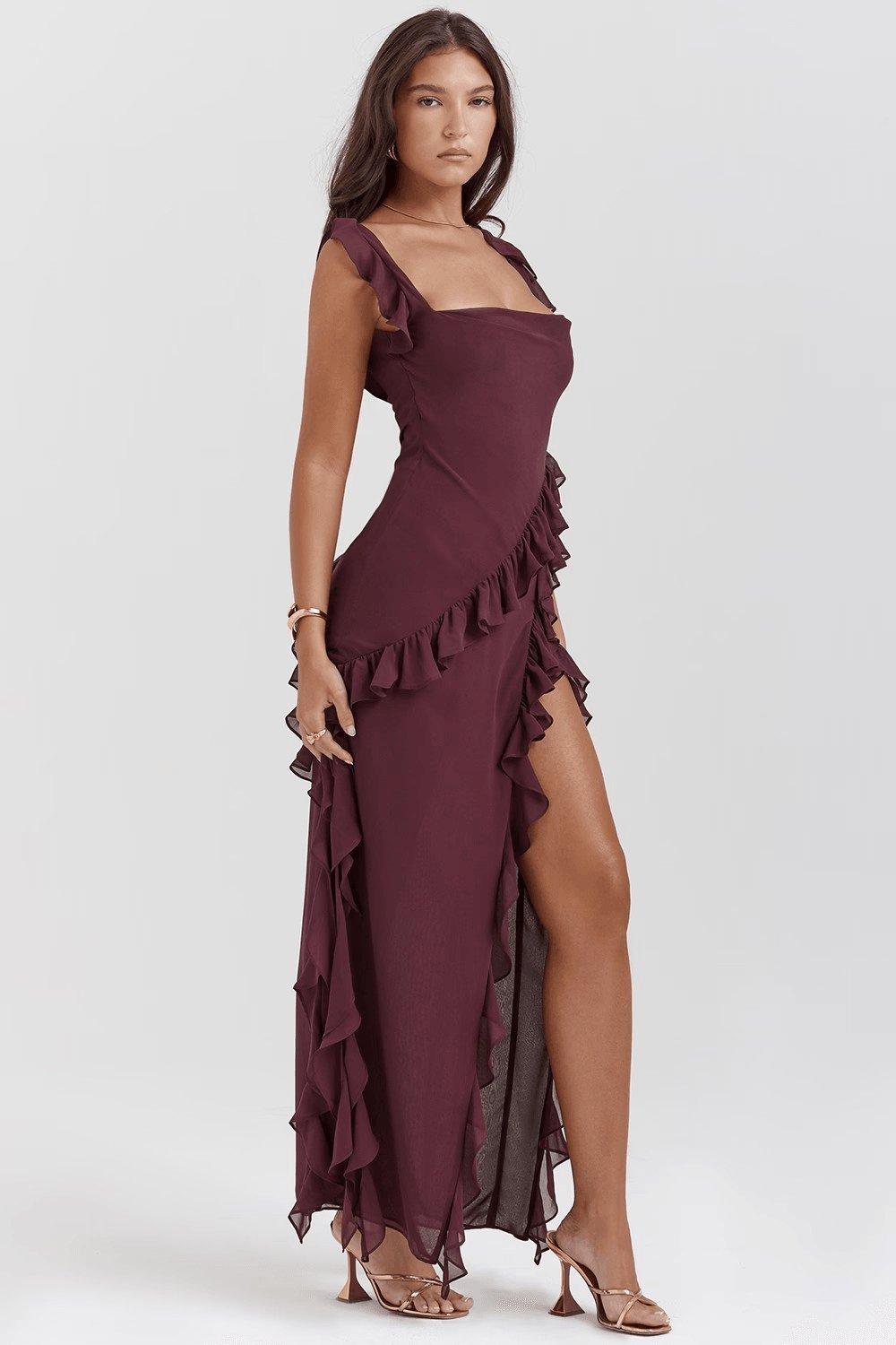 Burgundy Ruffle Asymmetrical Maxi Dress with cascading ruffles and thigh-high slit, perfect for formal events and romantic evenings—Maxi Dresses, Burgundy Dresses by Fieno