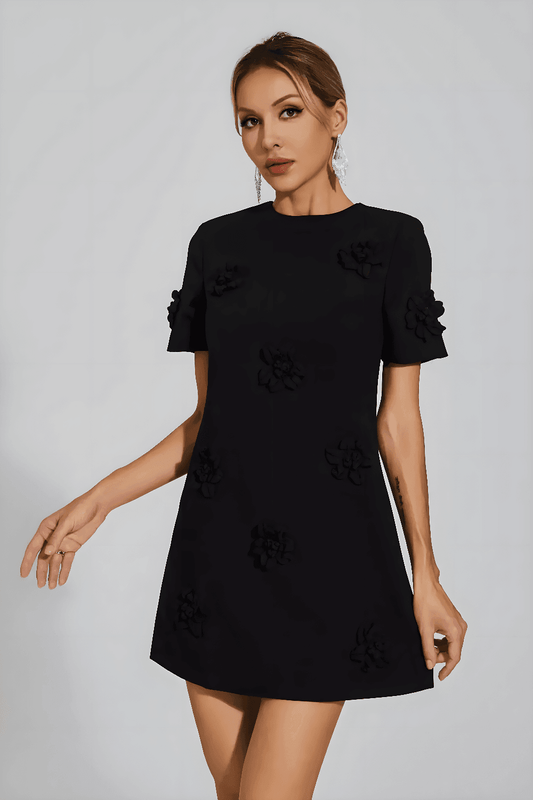 Fieno Floral Appliqué Shift Dress - Fieno - Mini Dress - Black Dress - Floral Dress