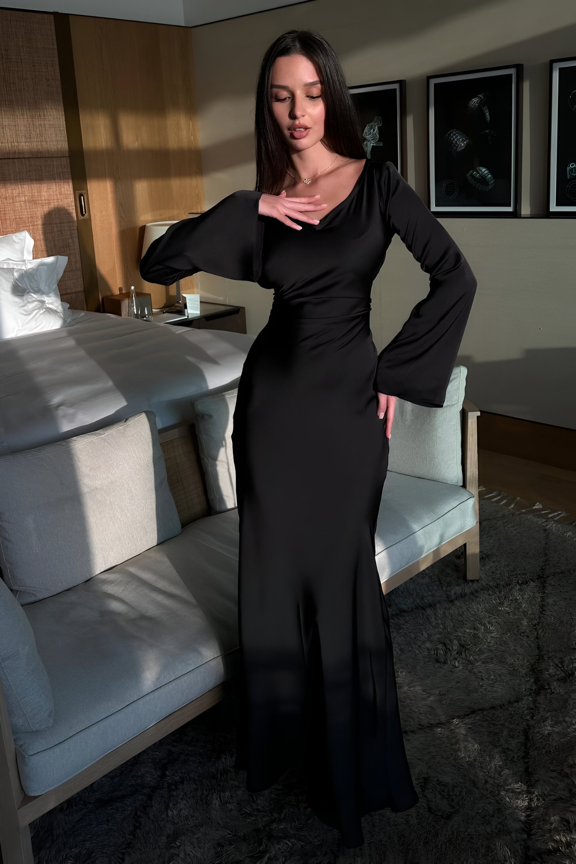 Fieno Long Sleeve Sheath Dress with a sleek silhouette and high neckline, ideal for formal events and evening wear—Long Sleeve Dresses, Sheath Dresses by Fieno