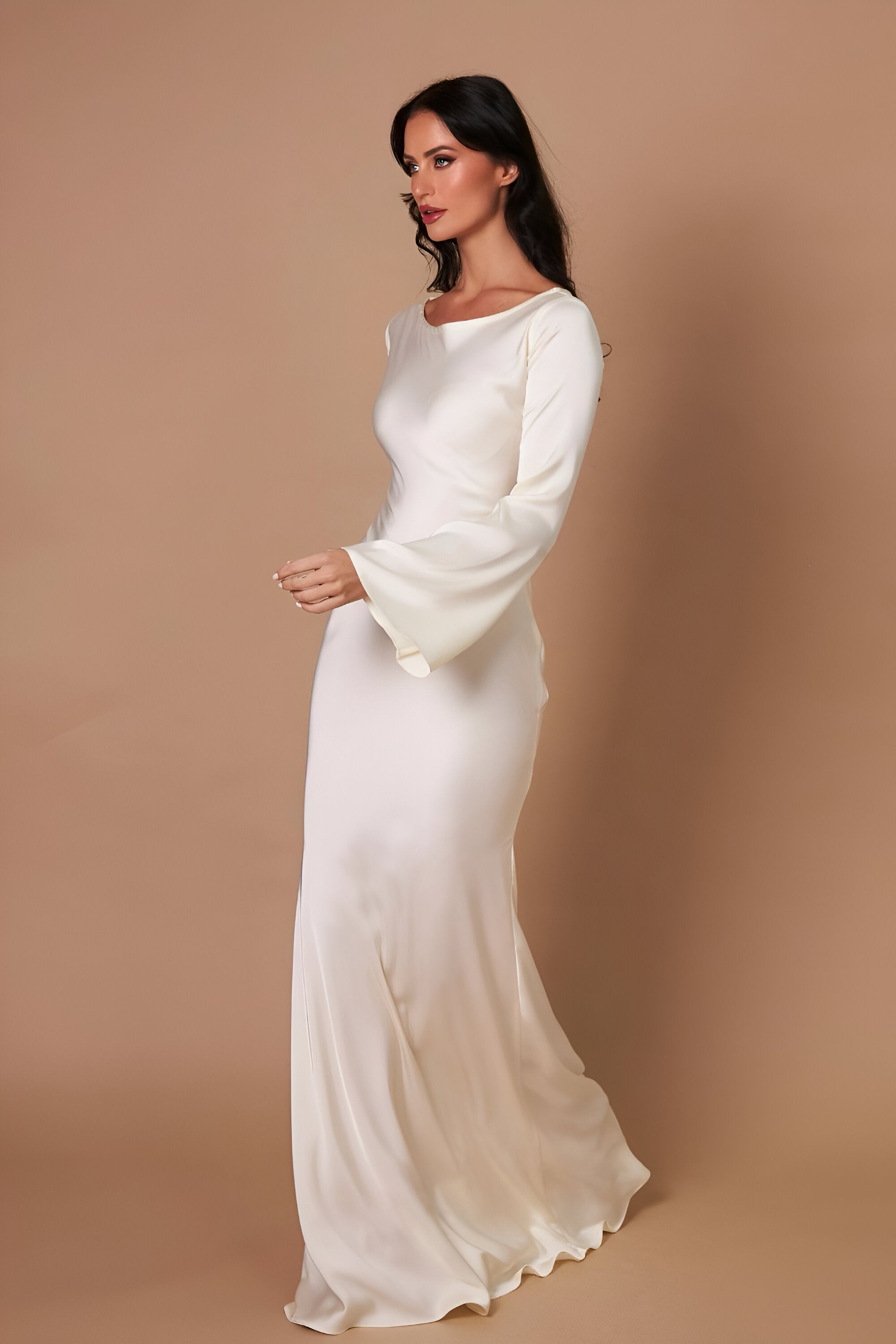 Fieno Long Sleeve Sheath Dress with a sleek silhouette and high neckline, ideal for formal events and evening wear—Long Sleeve Dresses, Sheath Dresses by Fieno