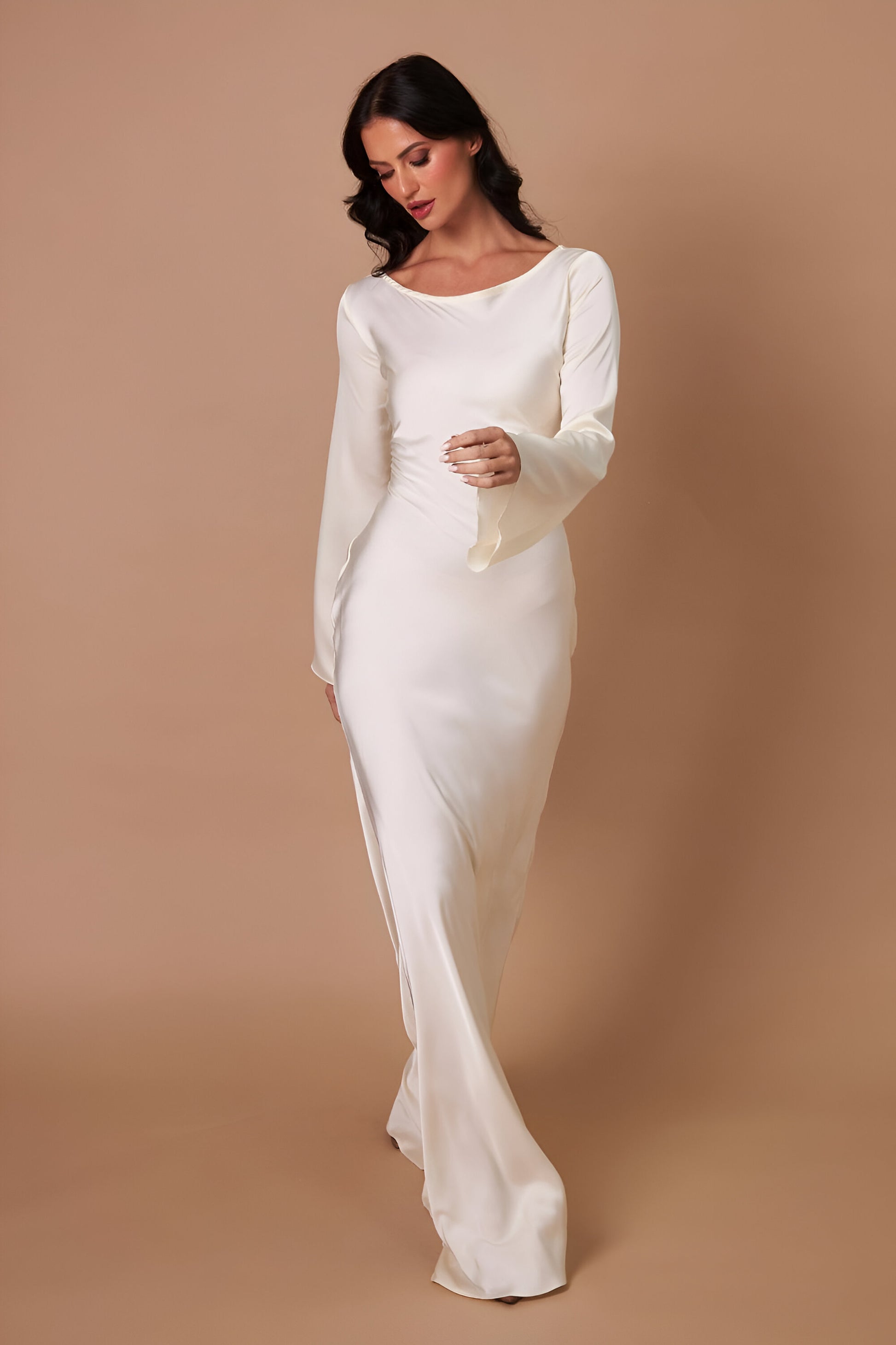 Fieno Long Sleeve Sheath Dress with a sleek silhouette and high neckline, ideal for formal events and evening wear—Long Sleeve Dresses, Sheath Dresses by Fieno