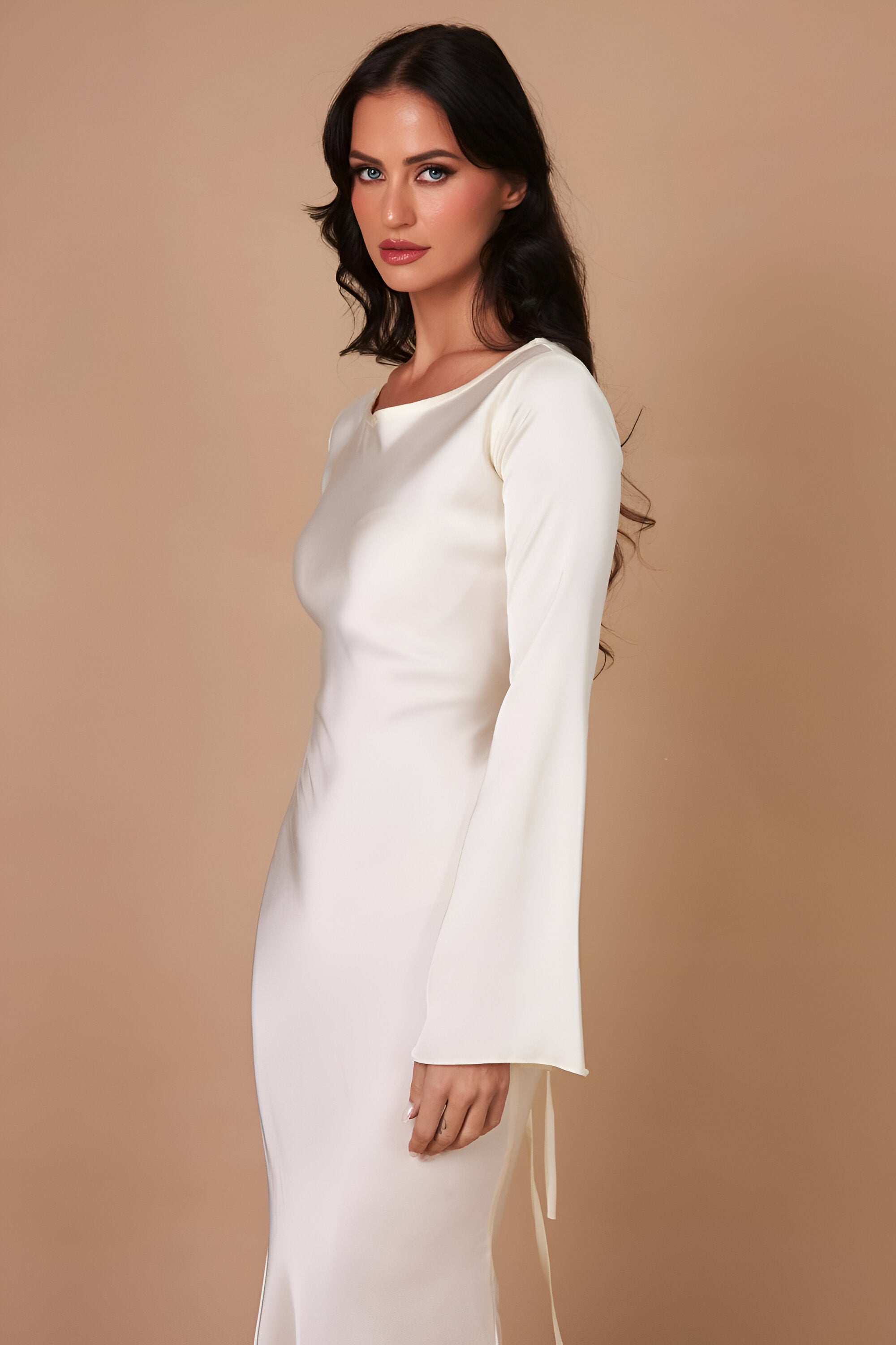 Fieno Long Sleeve Sheath Dress with a sleek silhouette and high neckline, ideal for formal events and evening wear—Long Sleeve Dresses, Sheath Dresses by Fieno