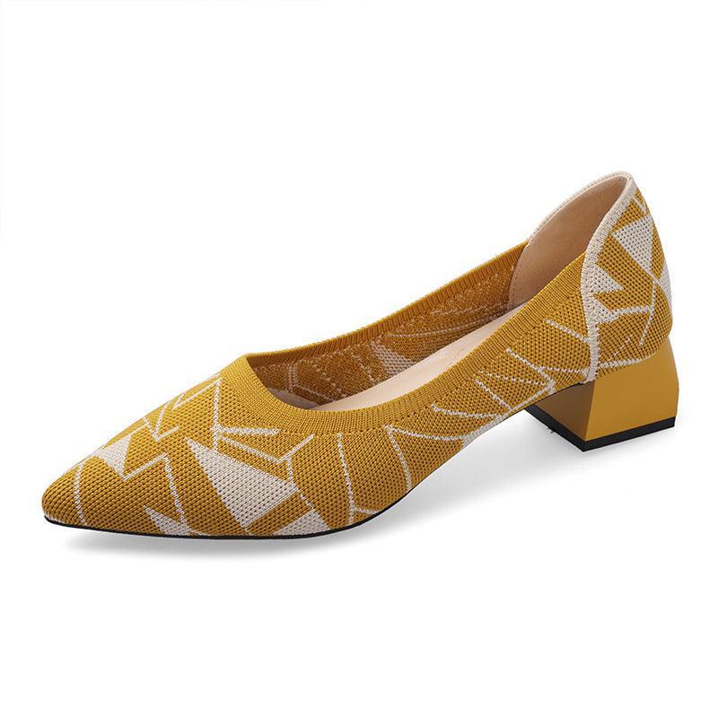 Fieno Shallow Thick-heel Knitted Shoes - Fieno - Yellow