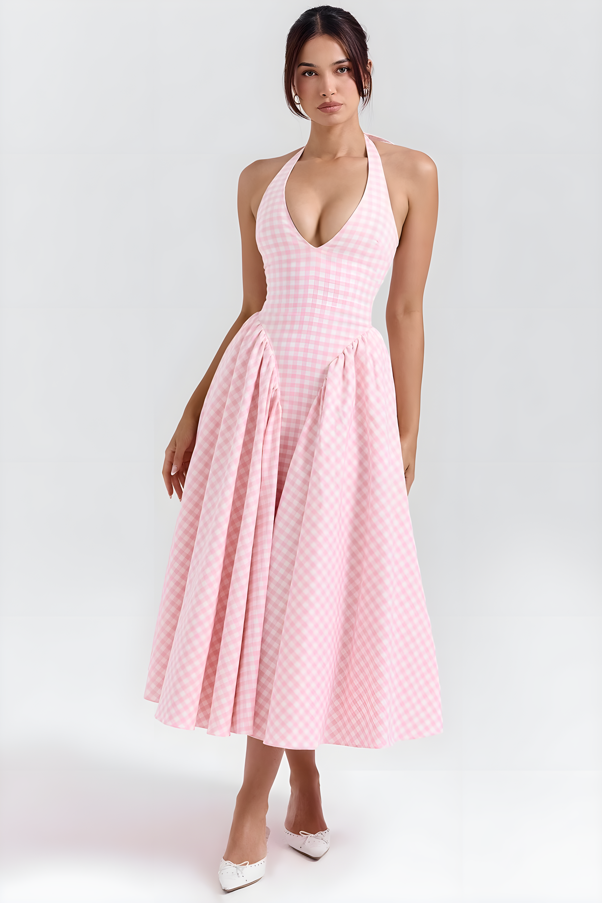 Fieno Strawberry Retro Rosette Midi Dress in pink gingham with halter neckline and flowy midi skirt, perfect for parties, weddings, and casual outings