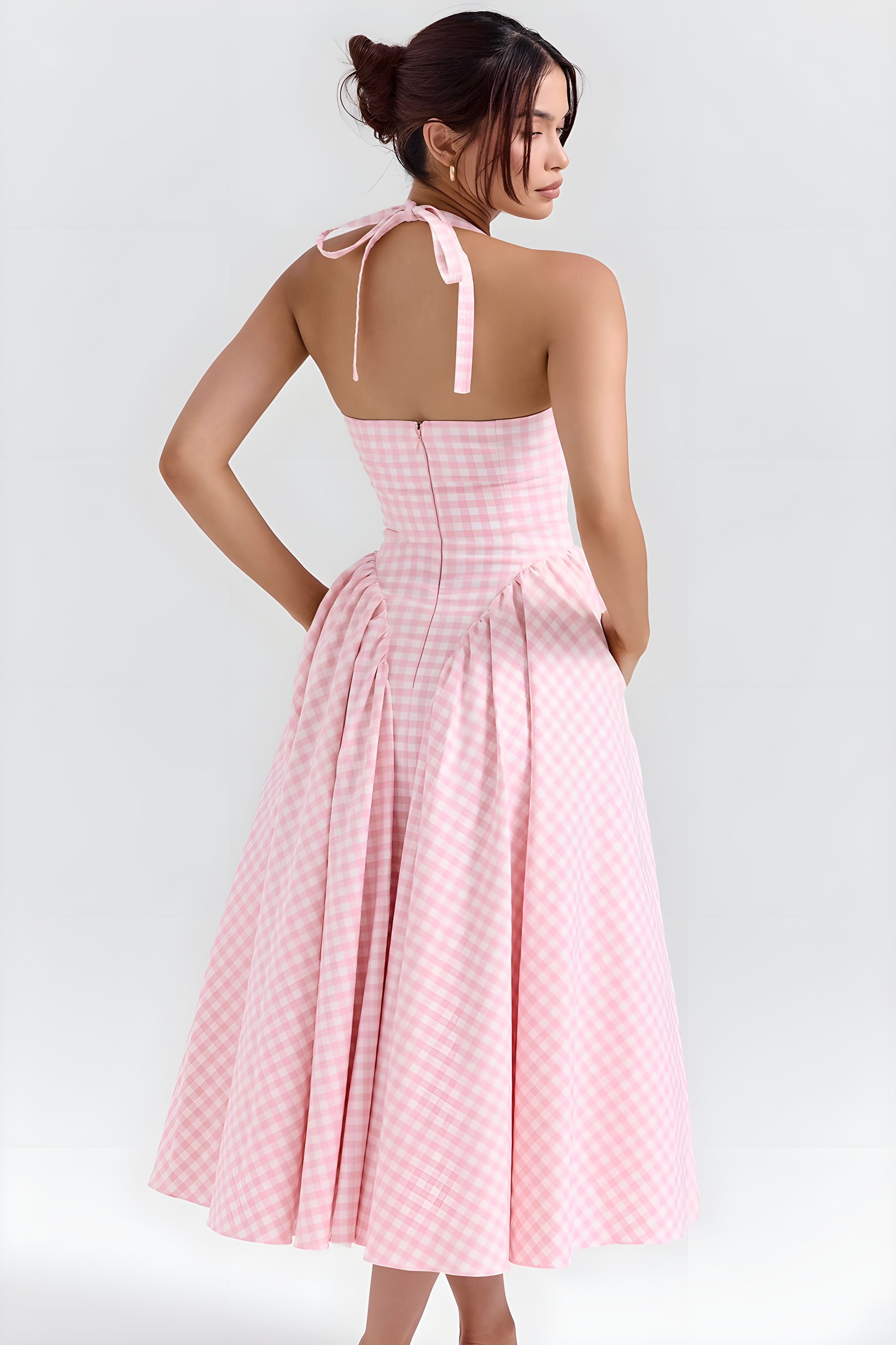 Fieno Strawberry Retro Rosette Midi Dress in pink gingham with halter neckline and flowy midi skirt, perfect for parties, weddings, and casual outings