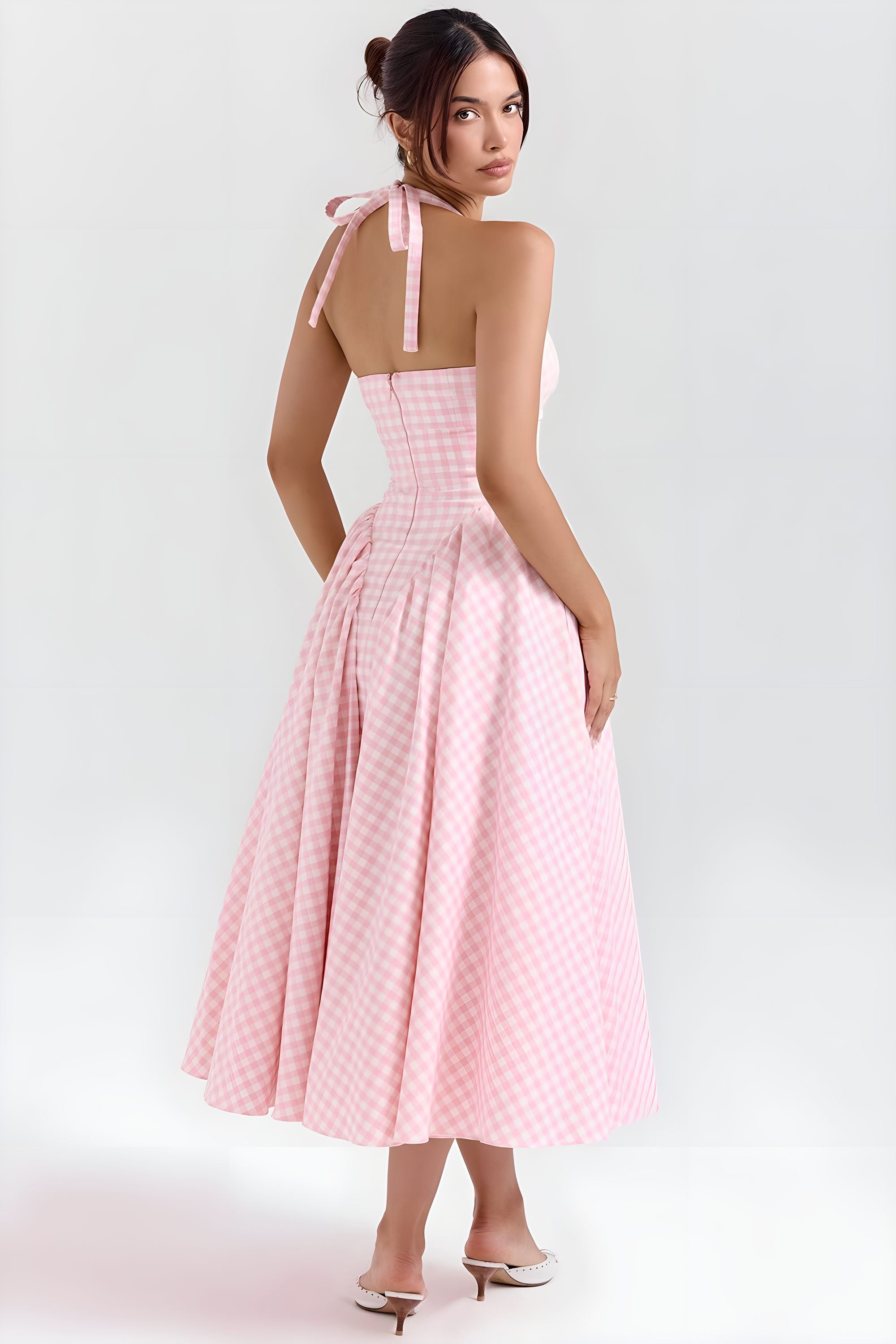 Fieno Strawberry Retro Rosette Midi Dress in pink gingham with halter neckline and flowy midi skirt, perfect for parties, weddings, and casual outings