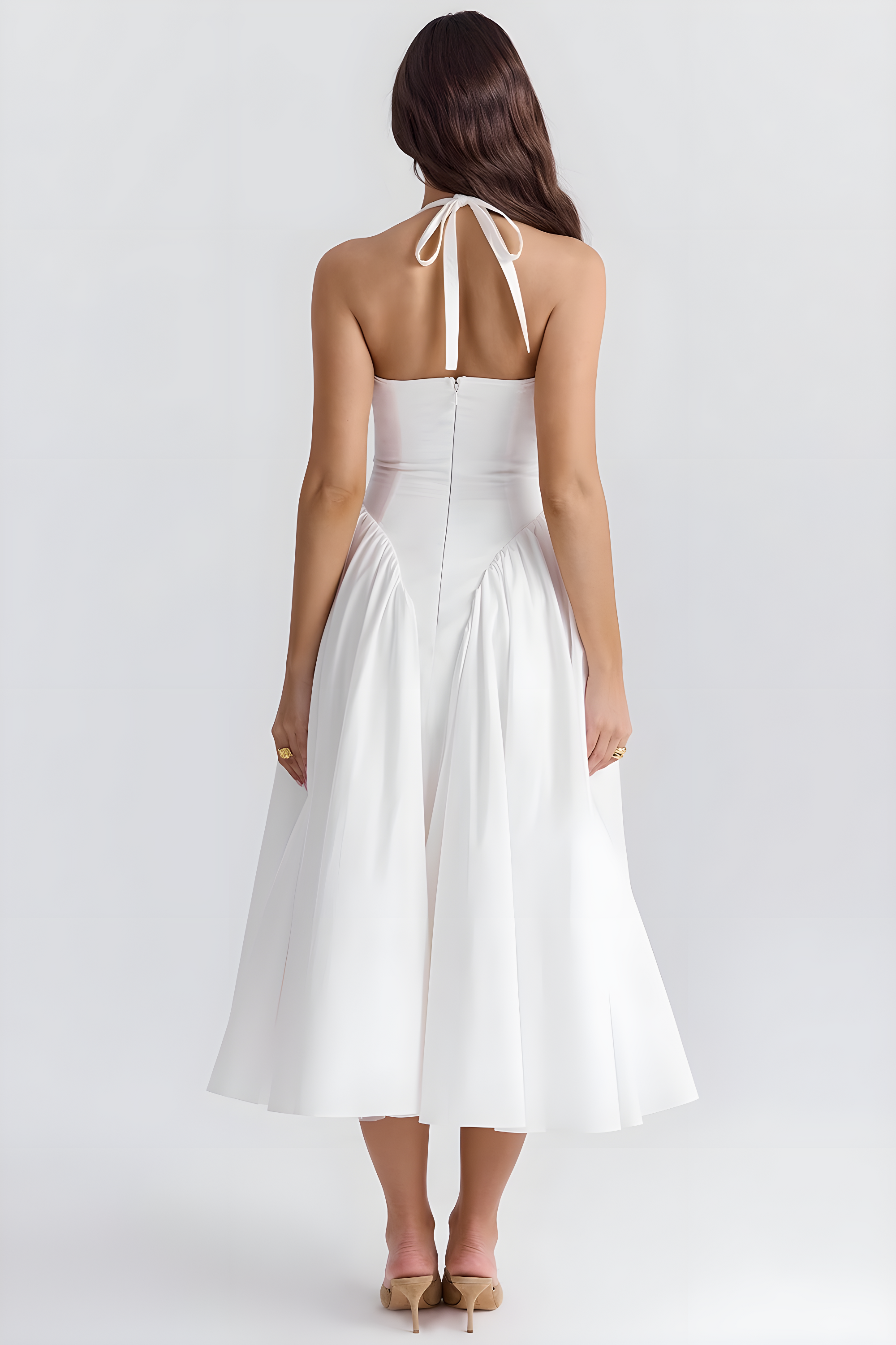 Fieno White Retro Rosette Midi Dress in white gingham with halter neckline and flowy midi skirt, perfect for parties, weddings, and casual outings