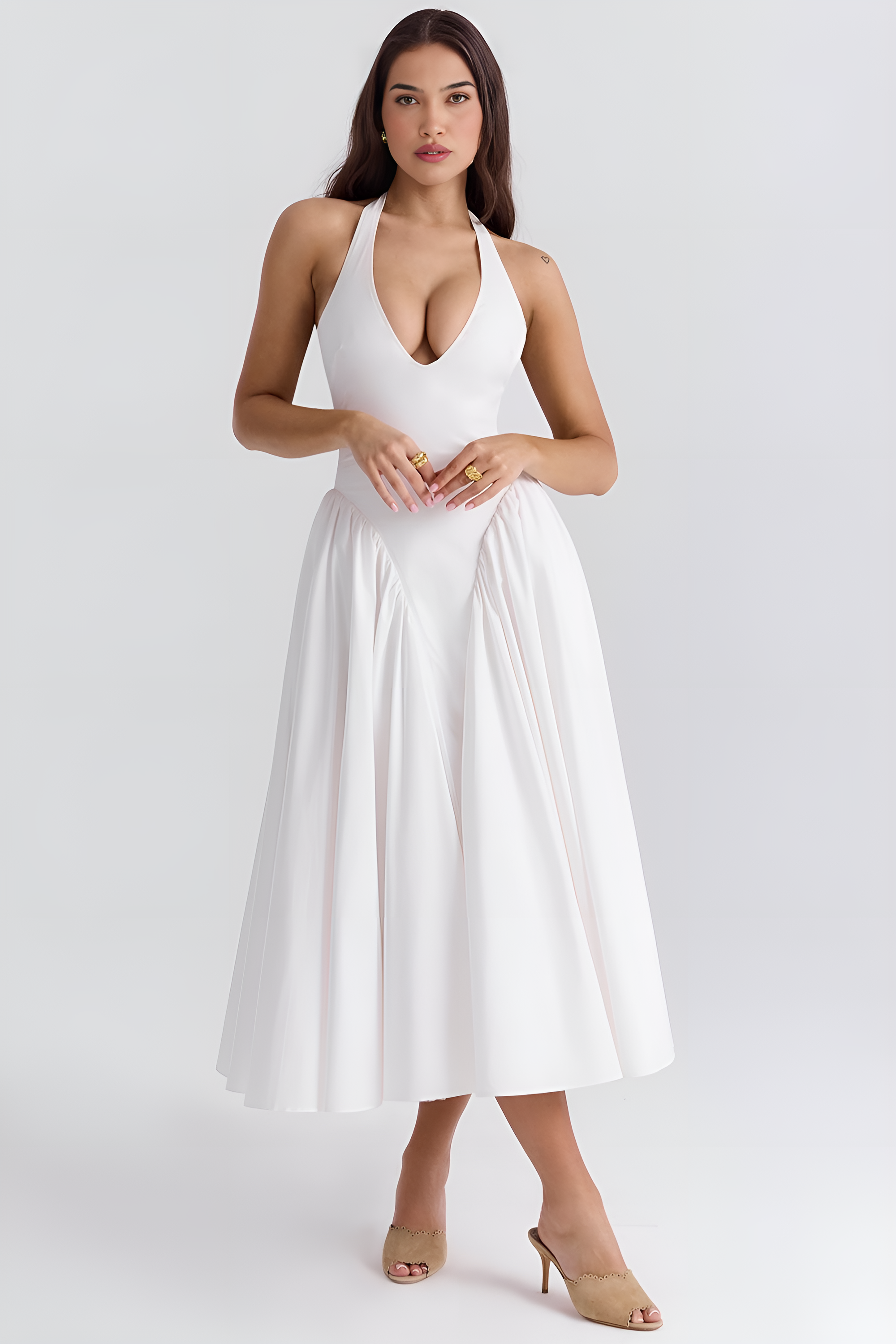 Fieno White Retro Rosette Midi Dress in white gingham with halter neckline and flowy midi skirt, perfect for parties, weddings, and casual outings