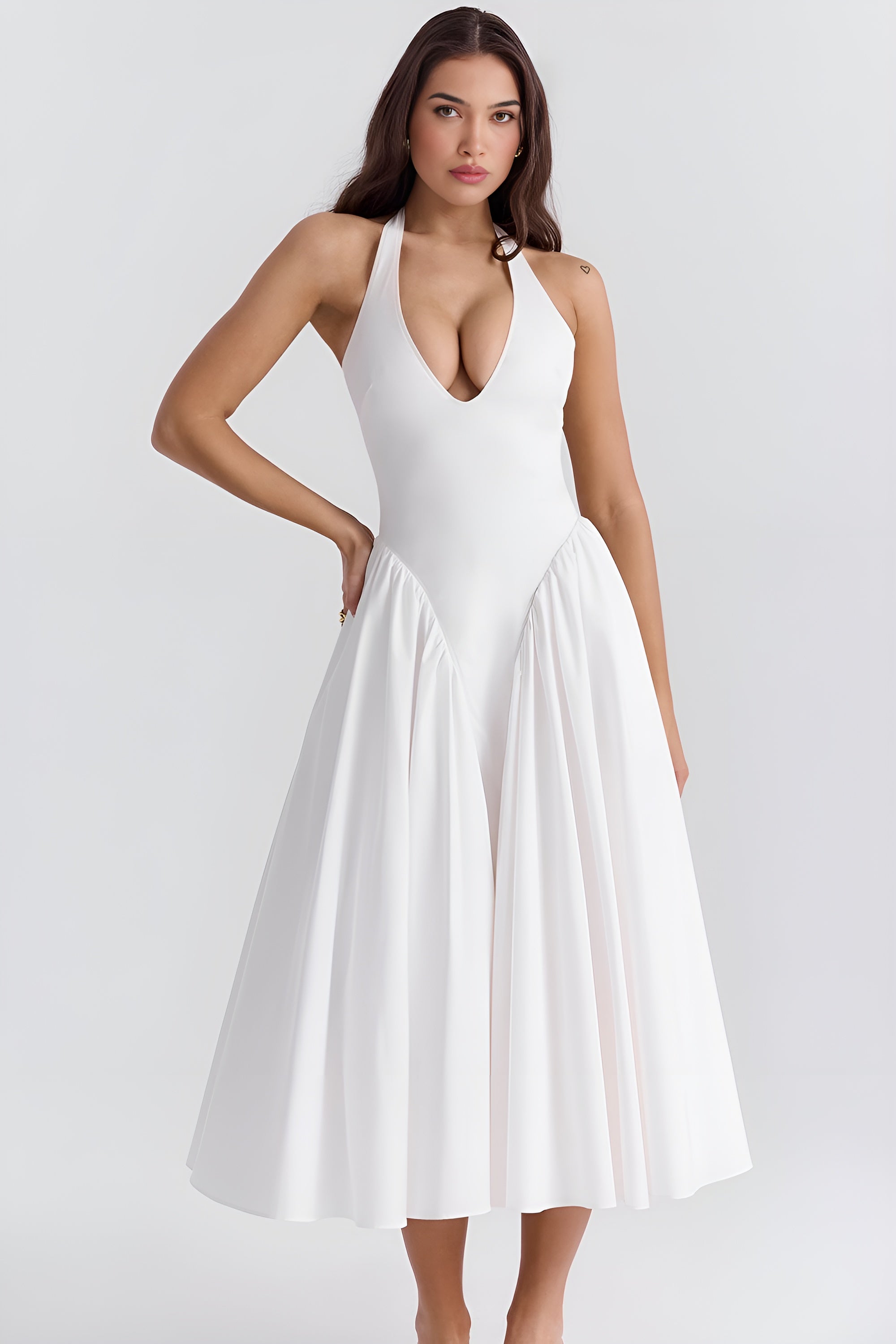 Fieno White Retro Rosette Midi Dress in white gingham with halter neckline and flowy midi skirt, perfect for parties, weddings, and casual outings