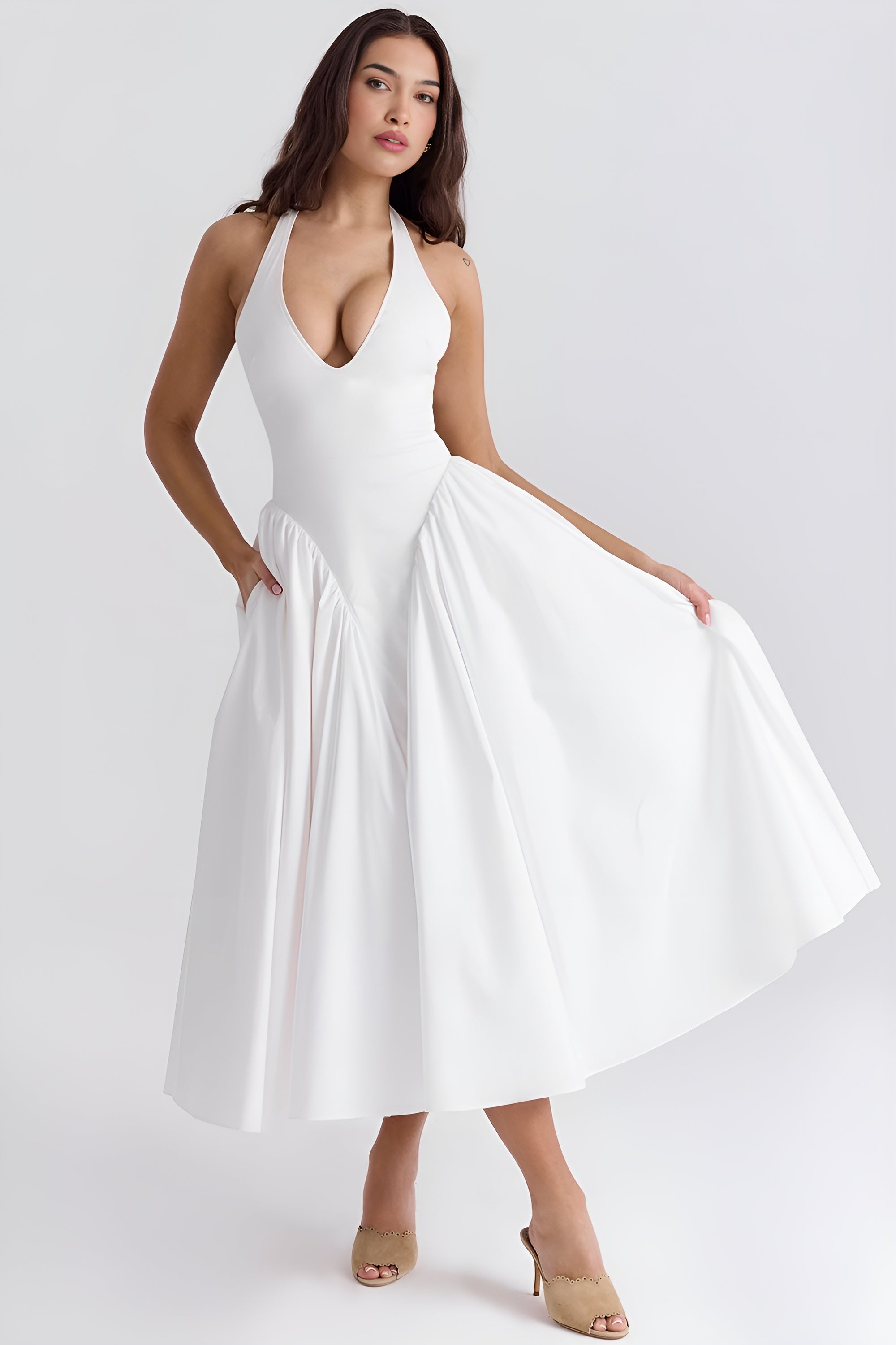 Fieno White Retro Rosette Midi Dress in white gingham with halter neckline and flowy midi skirt, perfect for parties, weddings, and casual outings