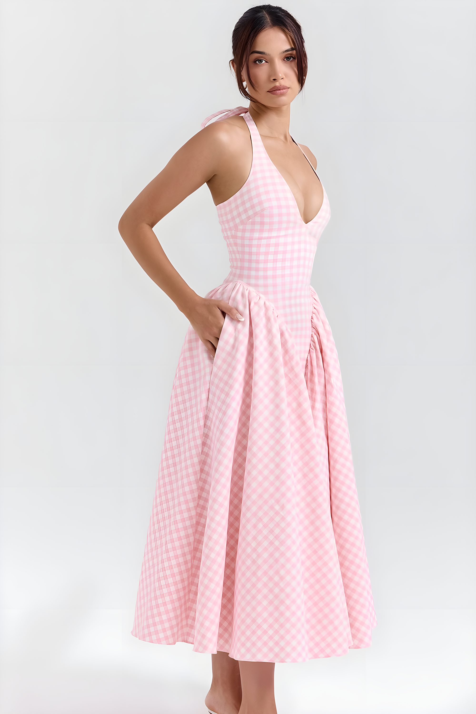 Fieno Strawberry Retro Rosette Midi Dress in pink gingham with halter neckline and flowy midi skirt, perfect for parties, weddings, and casual outings