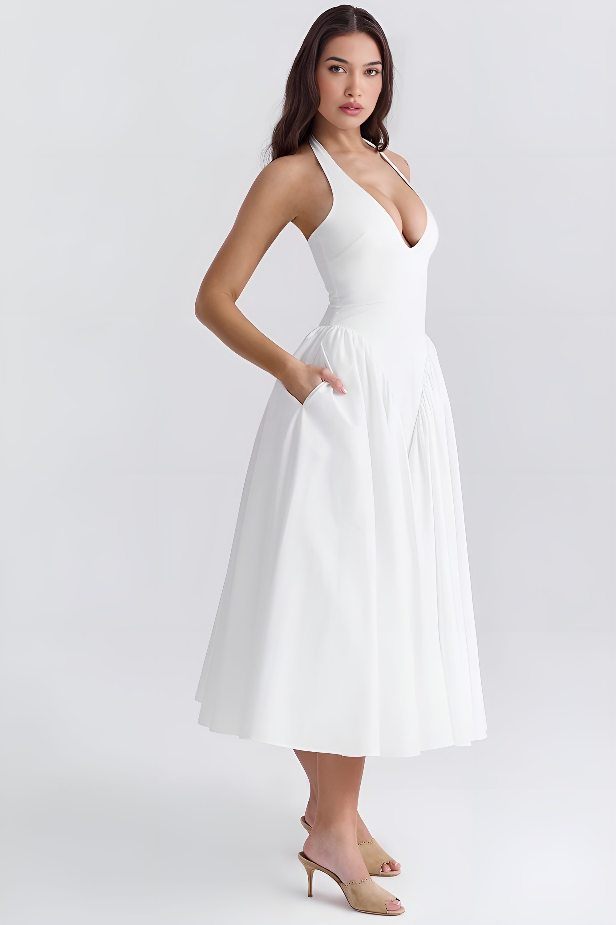 Fieno White Retro Rosette Midi Dress in white gingham with halter neckline and flowy midi skirt, perfect for parties, weddings, and casual outings