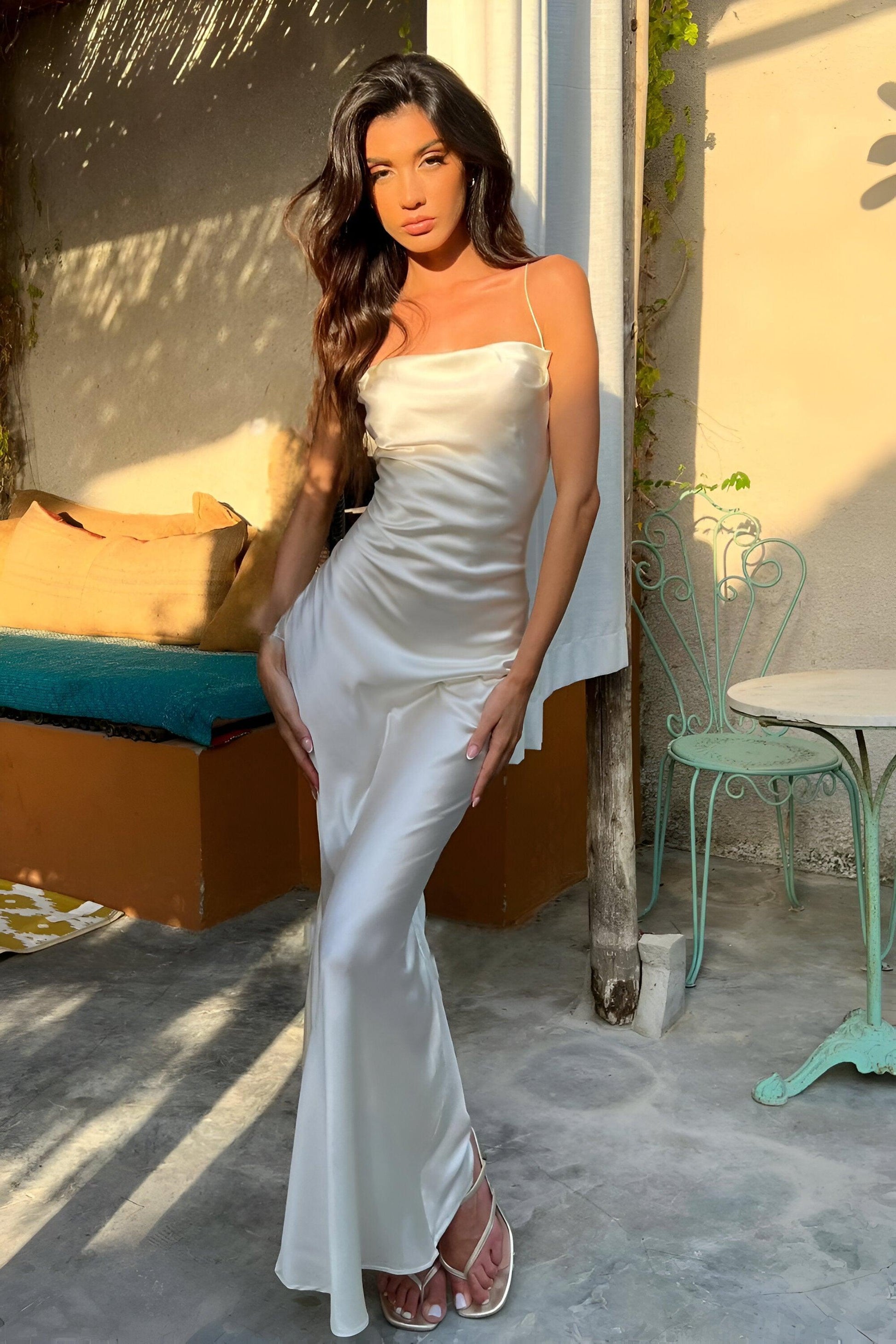 Fieno Elysian Satin Slip Maxi Dress in ivory, styled for a formal look with simple accessories—Maxi Dresses, Ivory Dresses by Fieno